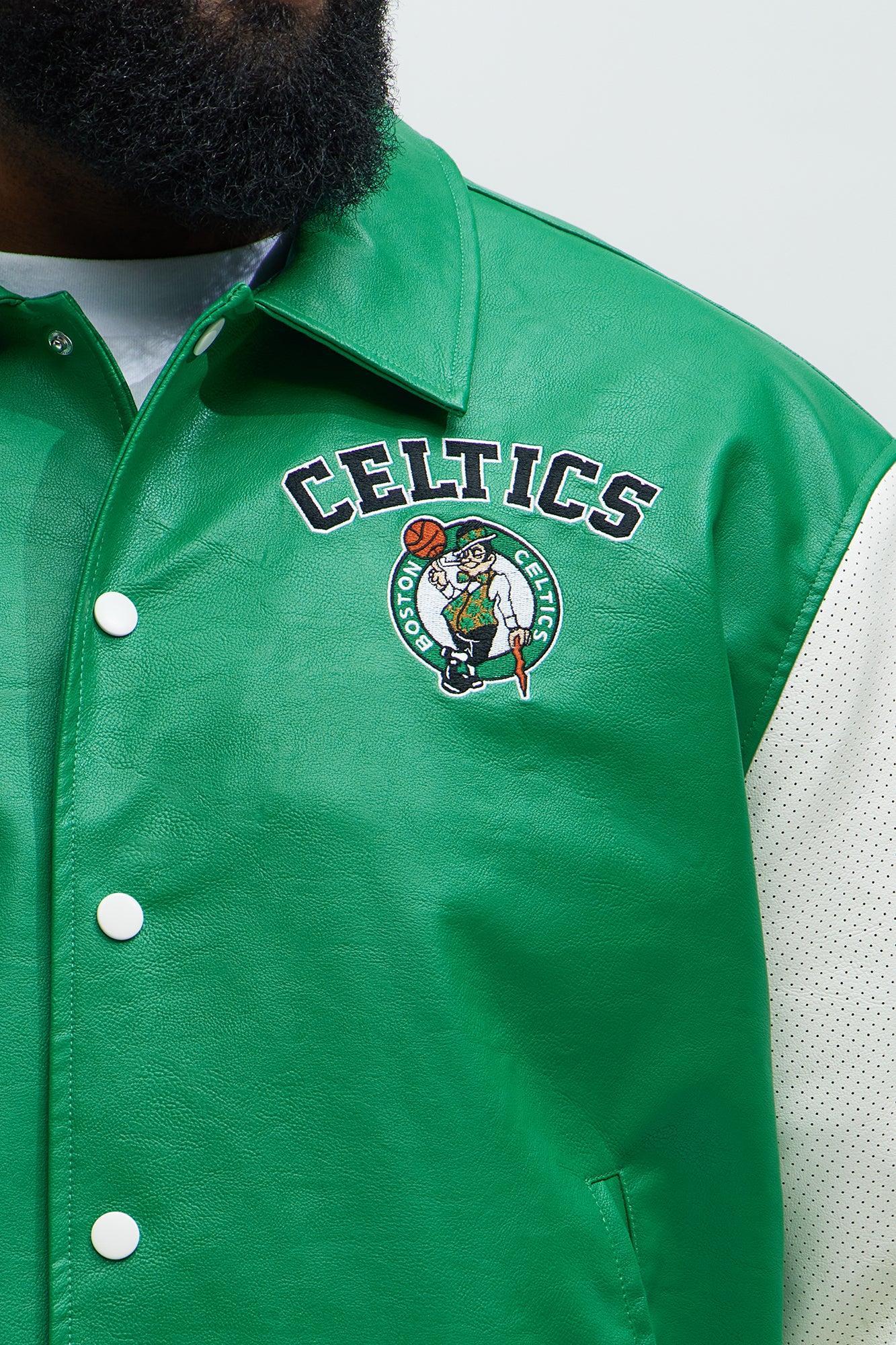Celtics Top Dawg Faux Leather Collared Varsity Jacket - Kelly Green Product Image