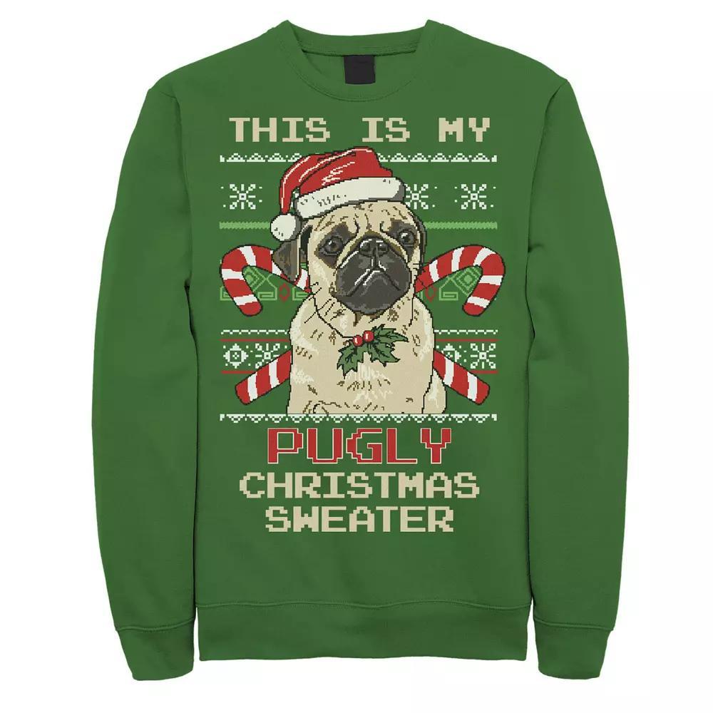 Men's Ugly Christmas Sweater Pug Candy Cane Graphic Fleece Pullover, Size: XL, Kelly Product Image
