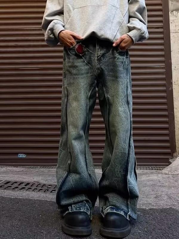 Washed Patchwork Design Loose Jeans Product Image