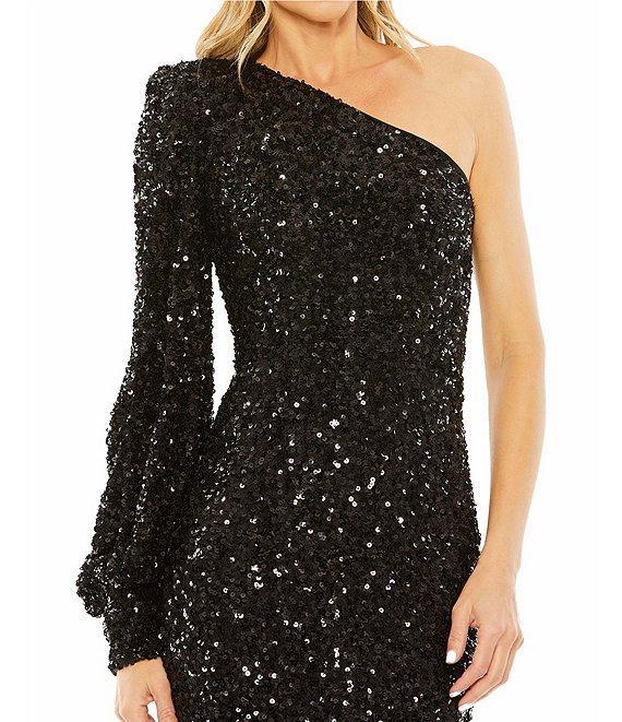 Mac Duggal Sequin Asymmetrical One Long Bishop Sleeve Sheath Gown Product Image