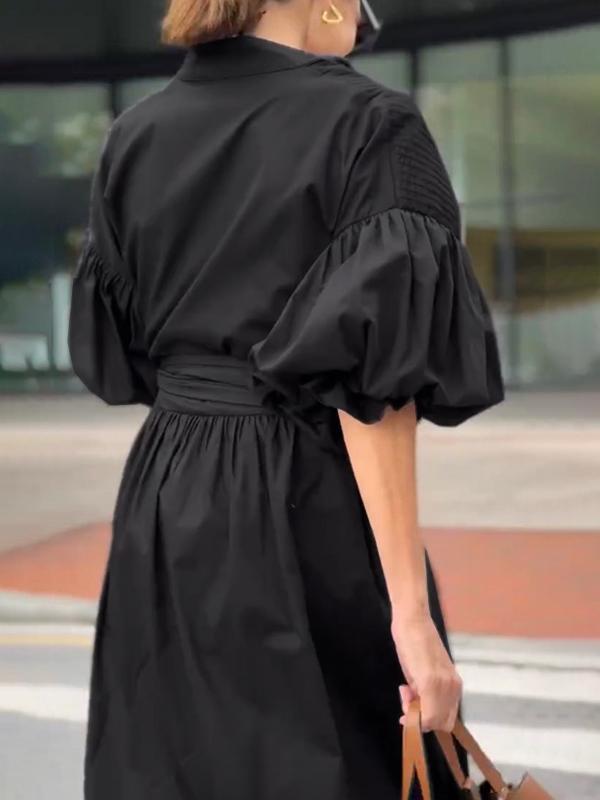 Half Sleeves Loose Buttoned Pleated Solid Color Tied Waist Stand Collar Maxi Dresses Product Image