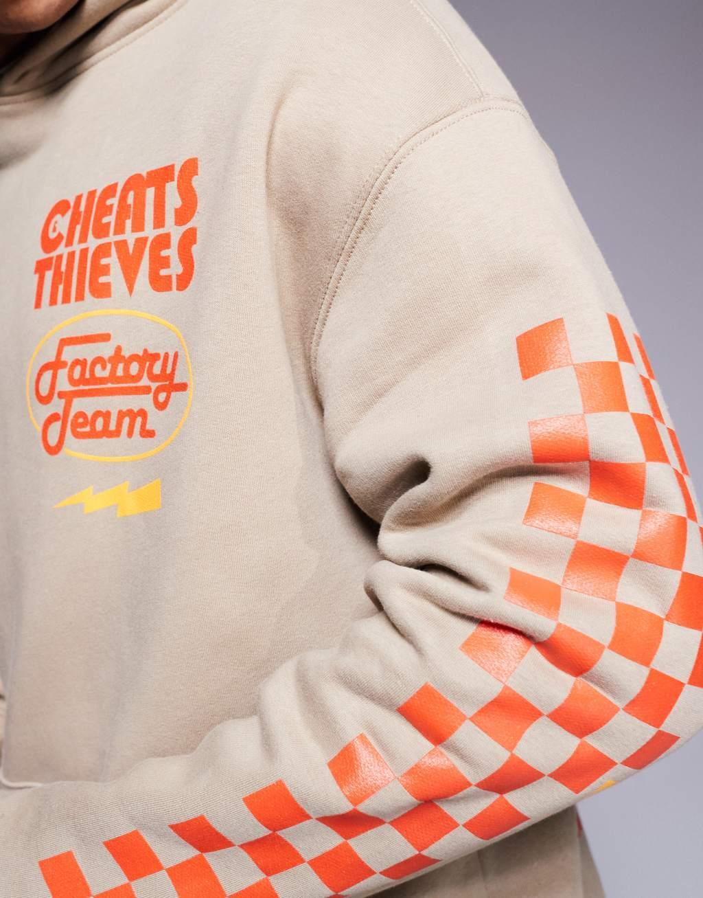 Cheats & Thieves racing back print hoodie in dark beige Product Image