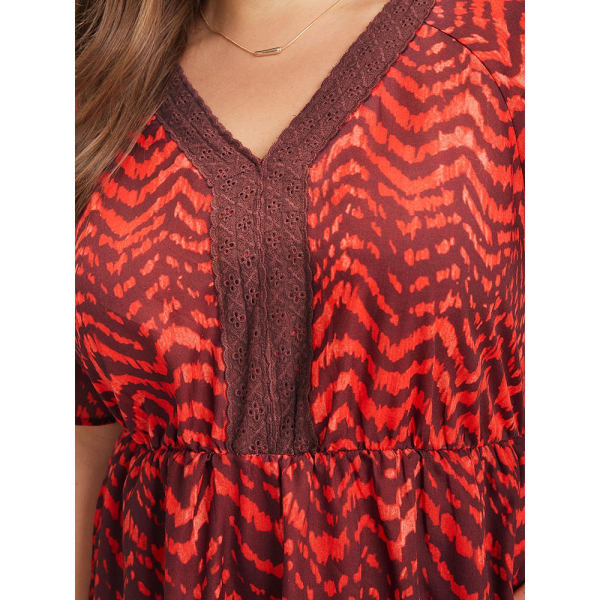 Plus Size Water Ripple Pocket Ruffle Sleeve Lace Dress Scarlet Women Elegant Gathered V-neck Short sleeve Curvy Midi Dress BloomChic 12/L Product Image