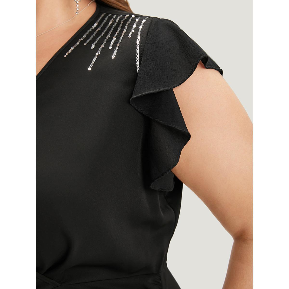 Plus Size Sequin Surplice Neck Ruffle Trim Zipper Dress Black Women Party Rhinestone detailing V-neck Sleeveless Curvy Midi Dress BloomChic 30/6X Product Image