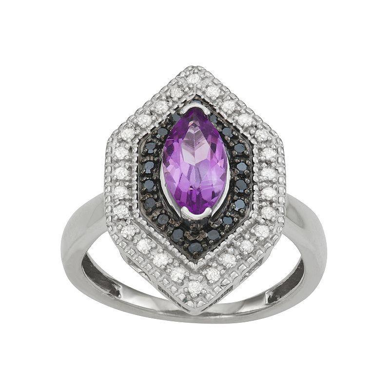 Jewelexcess Sterling Silver Genuine Amethyst & 1/3 Carat T.W. Black & White Diamond Ring, Women's, Size: 6, Purple Product Image