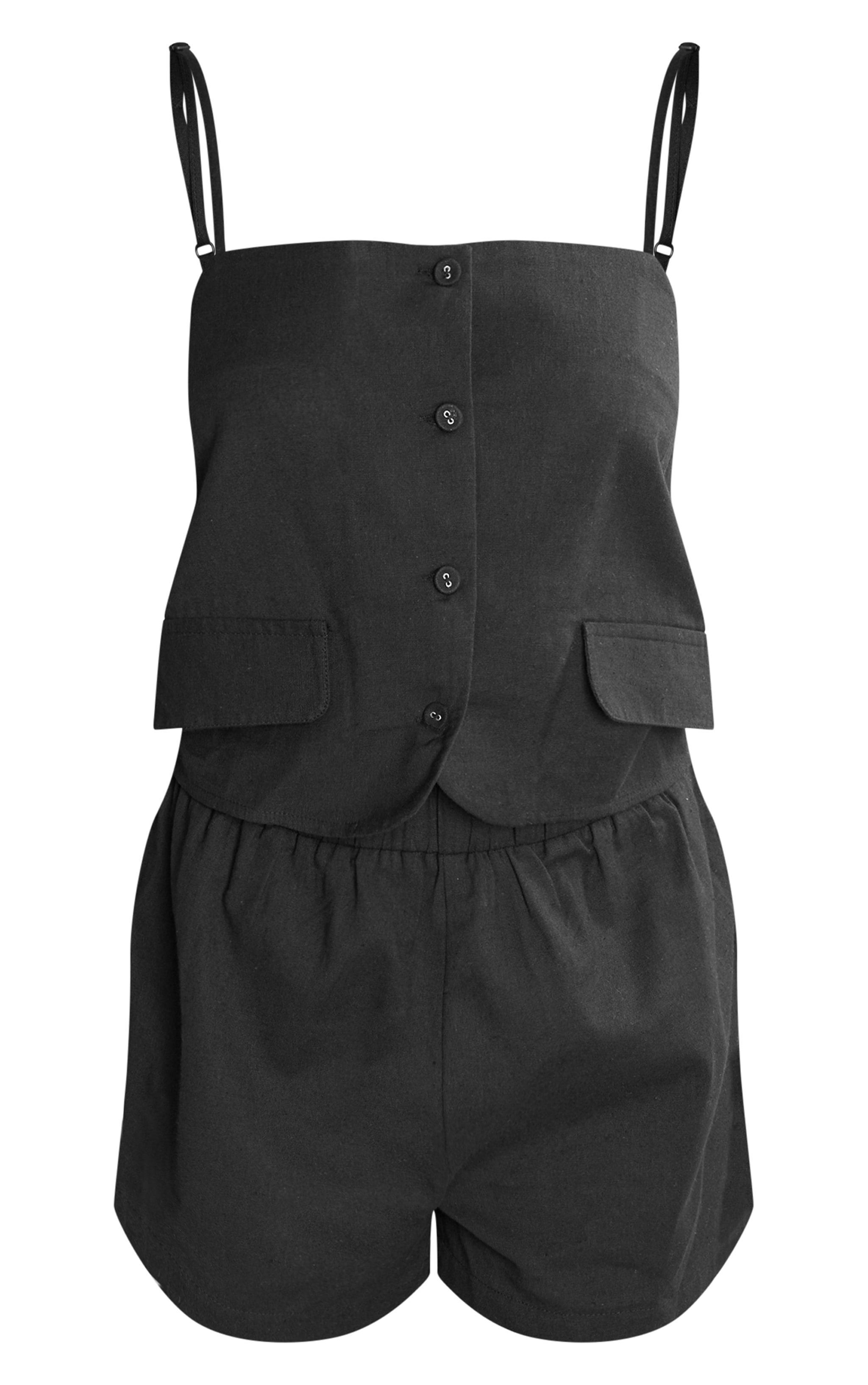 Black Linen Strappy Button Down Romper Product Image