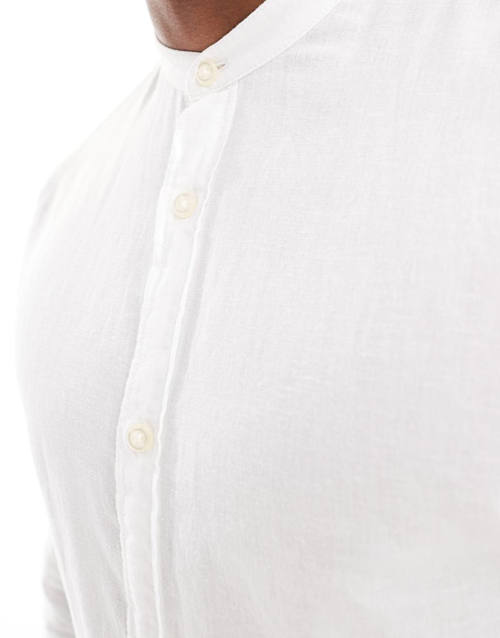 Jack & Jones linen mix shirt with band neck in white Product Image