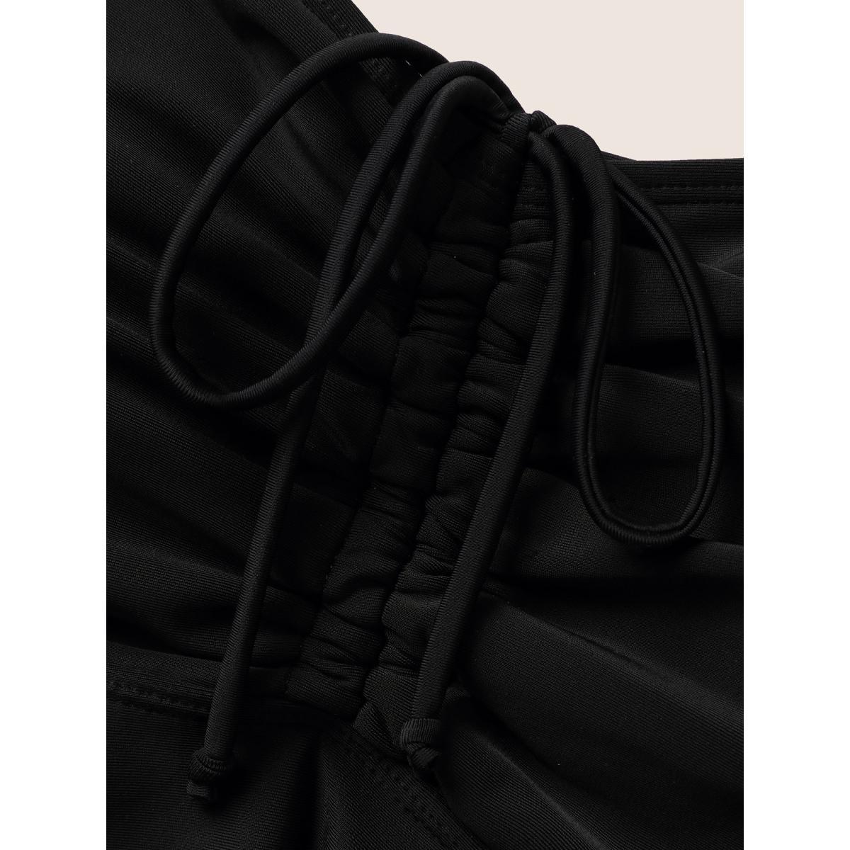 Plus Size Contrast Floral Patchwork Hanky Hem Swim Top Women's Swimwear Black Beach Patchwork High stretch Bodycon Heart neckline Curve Swim Tops BloomChic 30/6X Product Image