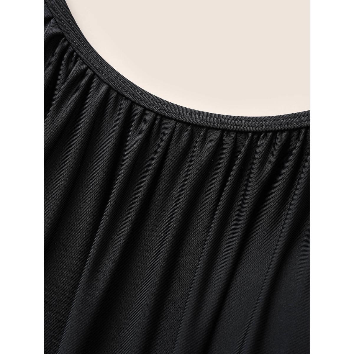 Plus Size U Neck Ditsy Floral Patchwork Gathered Swim Top Women's Swimwear Black Beach Gathered High stretch Bodycon U-neck Curve Swim Tops BloomChic 26/4X Product Image