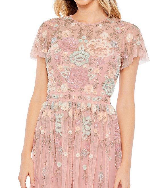 Mac Duggal Beaded Bodice Illusion Crew Neck Short Flutter Sleeve A-Line Midi Dress Product Image