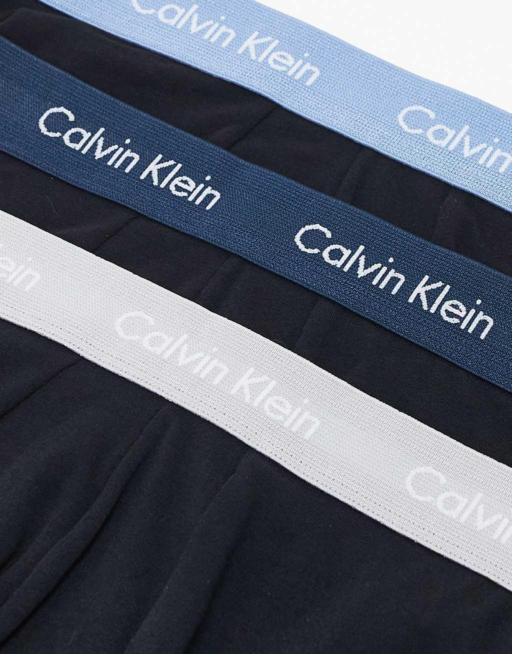 Calvin Klein Cotton Stretch 3 pack low rise trunk with colored waistband in black Product Image