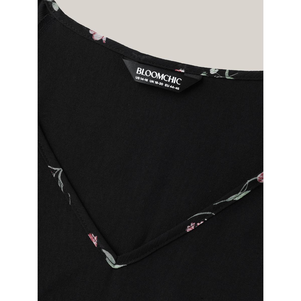 Plus Size Black Floral Layered Sleeve Solid Blouse Women Leisure Short sleeve V-neck Casual Blouses BloomChic 22-24/3X Product Image