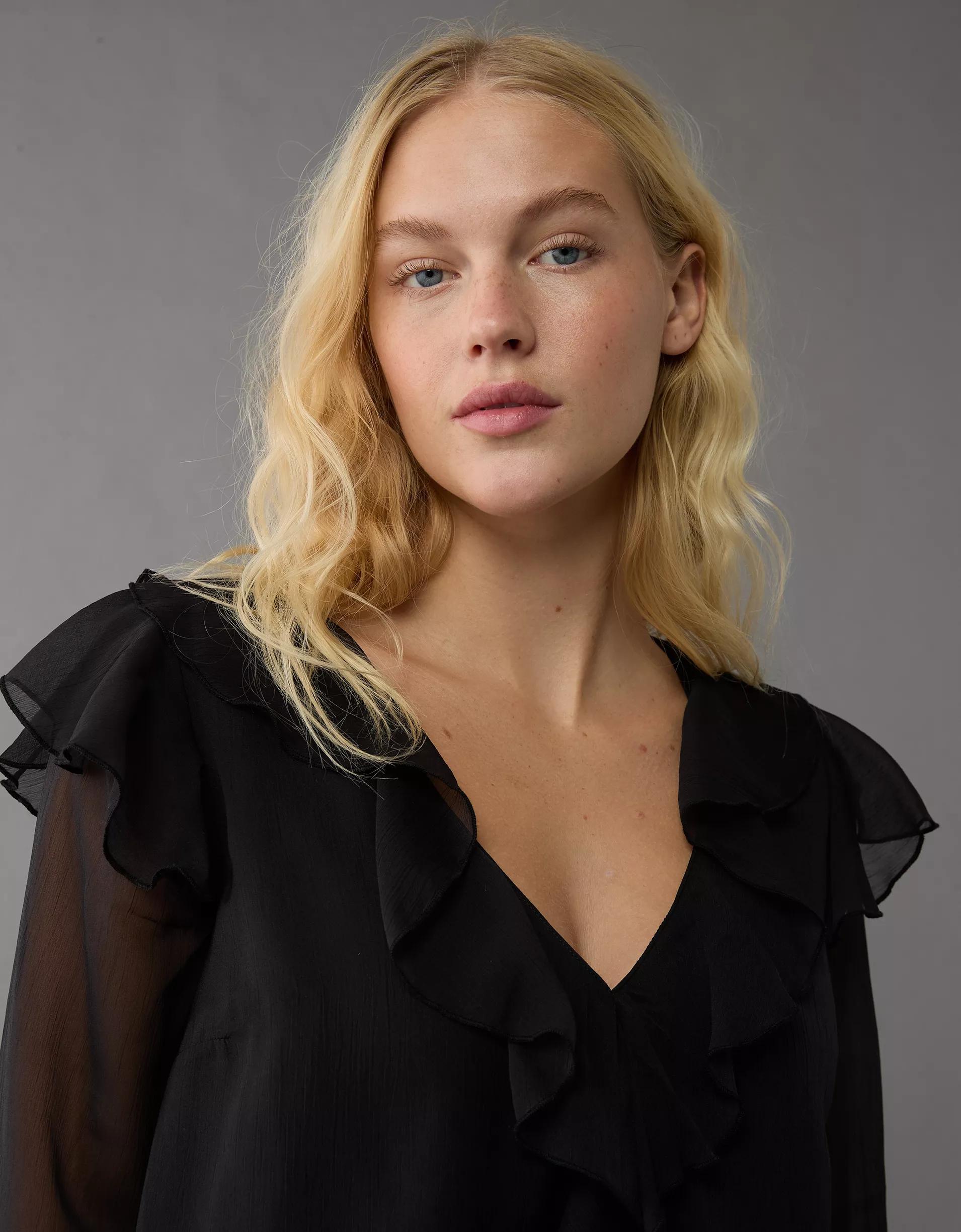 AE Long-Sleeve Chiffon Ruffle Blouse Product Image