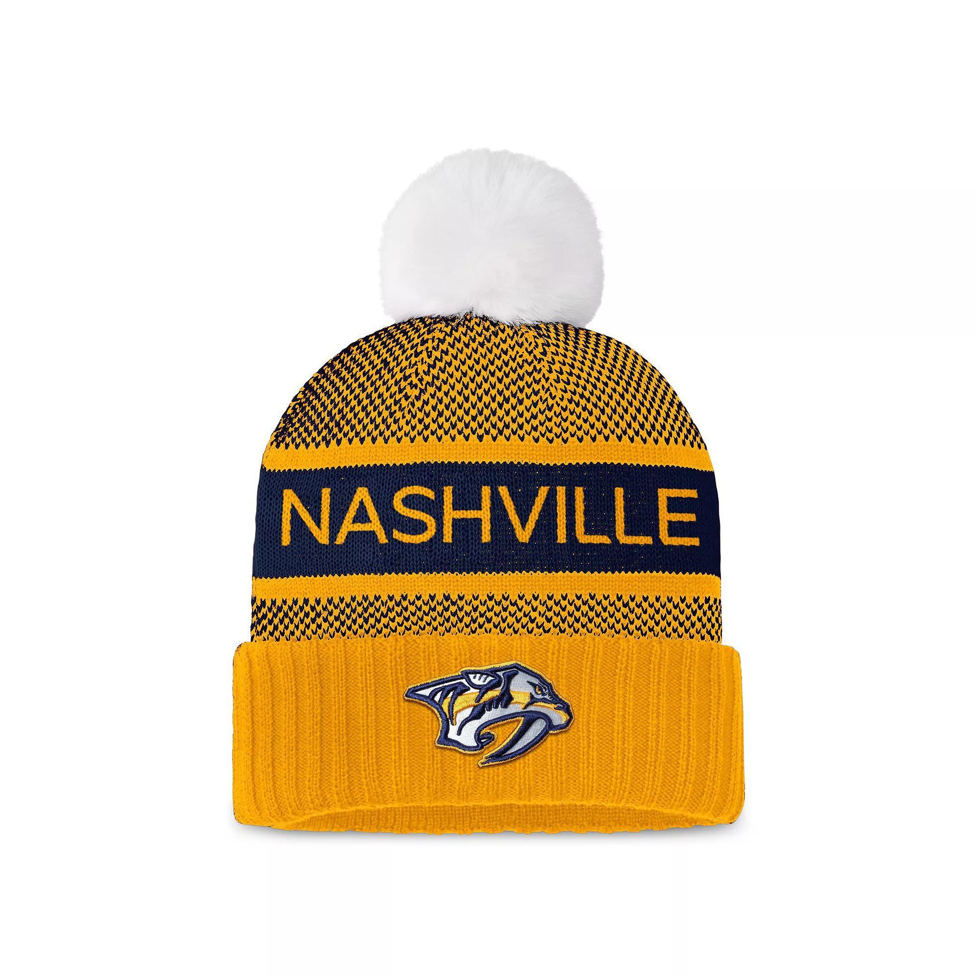 Women's Fanatics Branded Gold/Navy Nashville Predators Authentic Pro Rink Cuffed Knit Hat with Pom, Pdt Gold Product Image