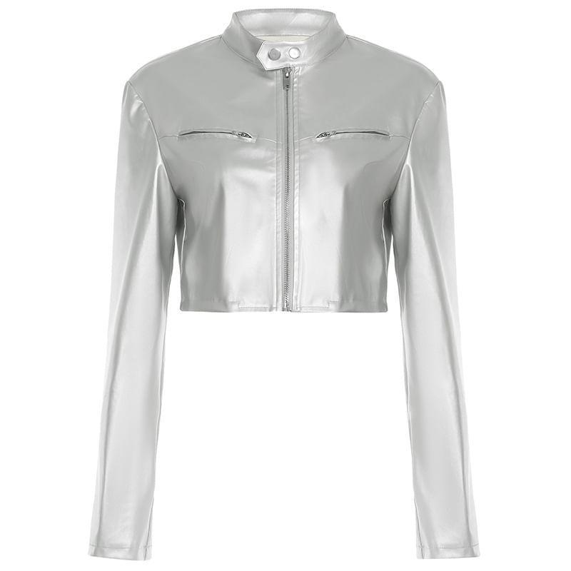 Long Sleeve Stand Collar Faux Leather Zip-Up Crop Jacket Product Image