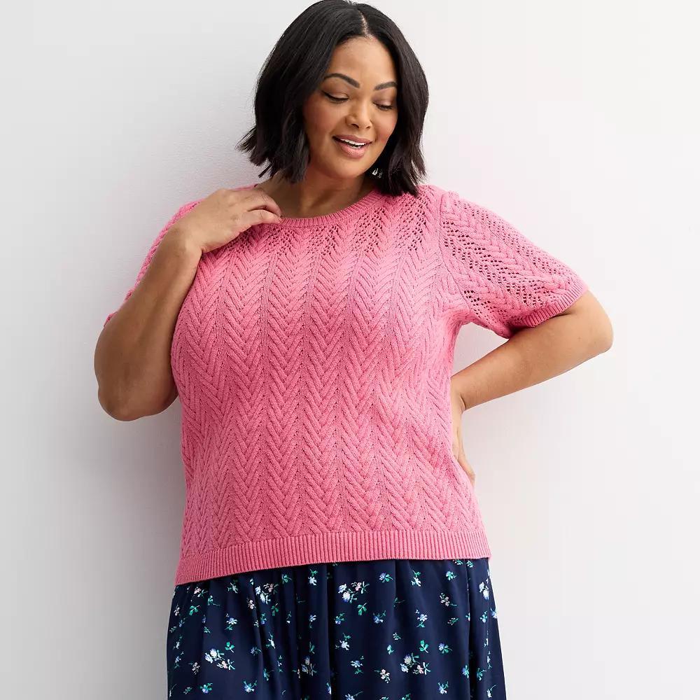 Plus Size Croft & Barrow® Pointelle Cable Yoke Pullover Sweater, Women's, Size: 0X, Pinkberry Product Image