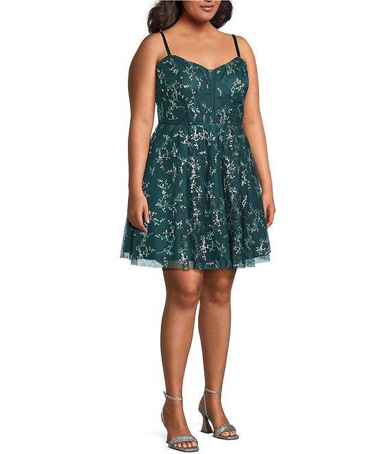 Blondie Nites Plus Size Glitter Pattern Mesh Illusion V-Neck Party Dress Product Image