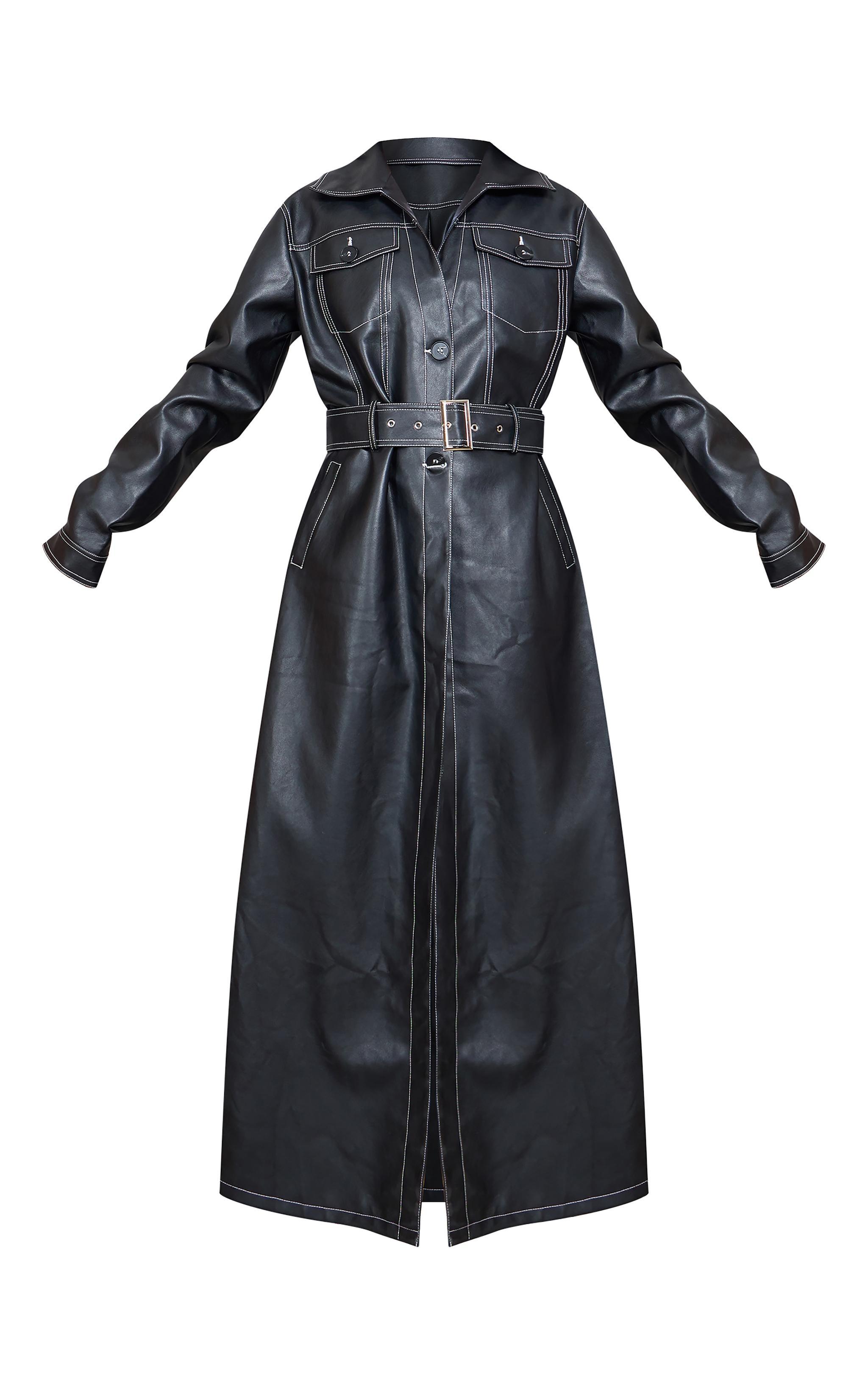 Tall Black Faux Leather Contrast Stitch Split Hem Trench Coat Product Image