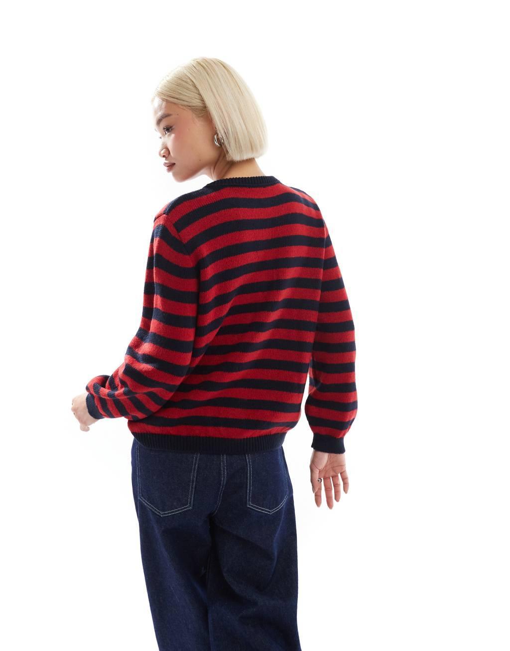 ASOS DESIGN knit fluffy cardigan in blurred navy and red stripe Product Image