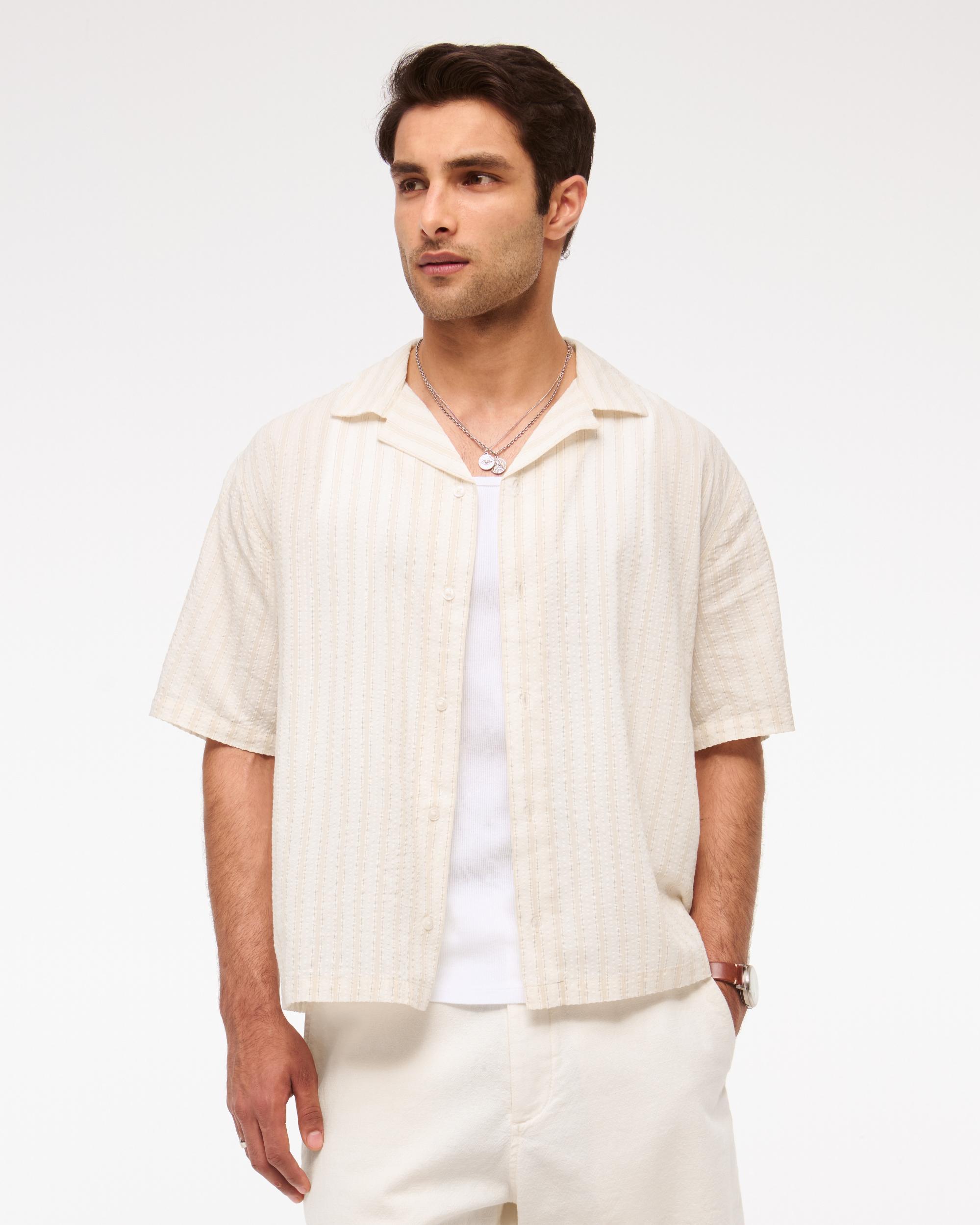 Camp Collar Cropped Seersucker Shirt Product Image