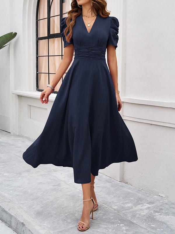 A-Line High Waisted Pleated Solid Color Zipper V-Neck Maxi Dresses Product Image