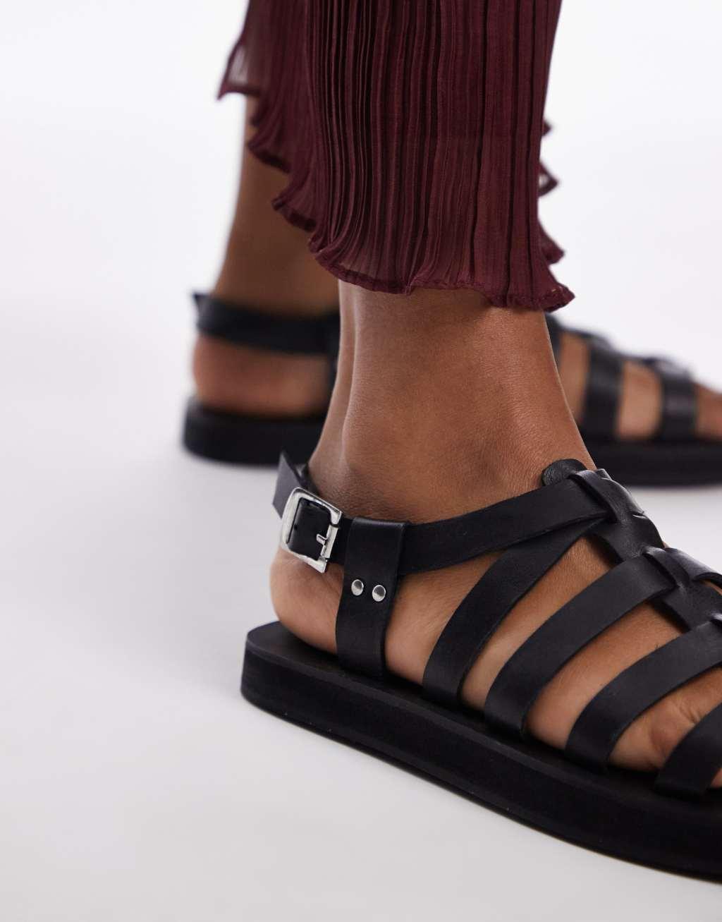 Topshop Julian leather fisherman sandals in black Product Image