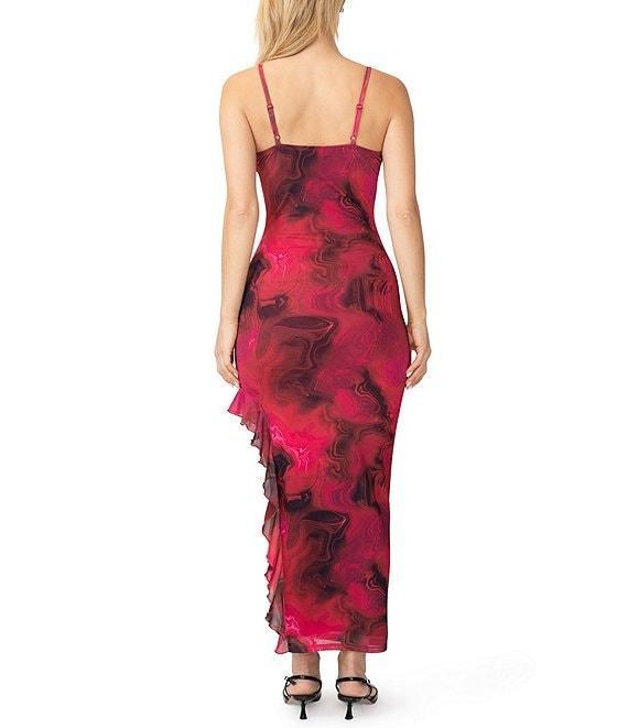 Stevie by Steve Madden Printed Power Mesh Ruffle V-Neck High Slit Dress Product Image