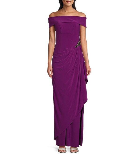 Alex Evenings Off-the-Shoulder Short Sleeve Stretch Matte Jersey Ruched Gown Product Image