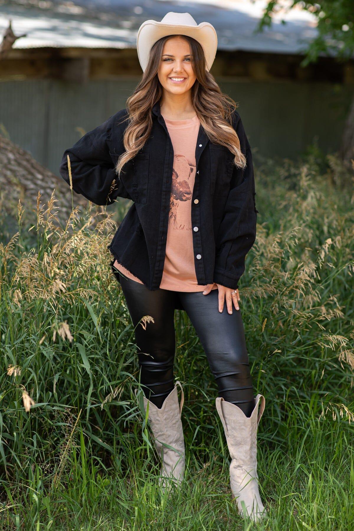 Black Distressed Fray Hem Denim Jacket Product Image