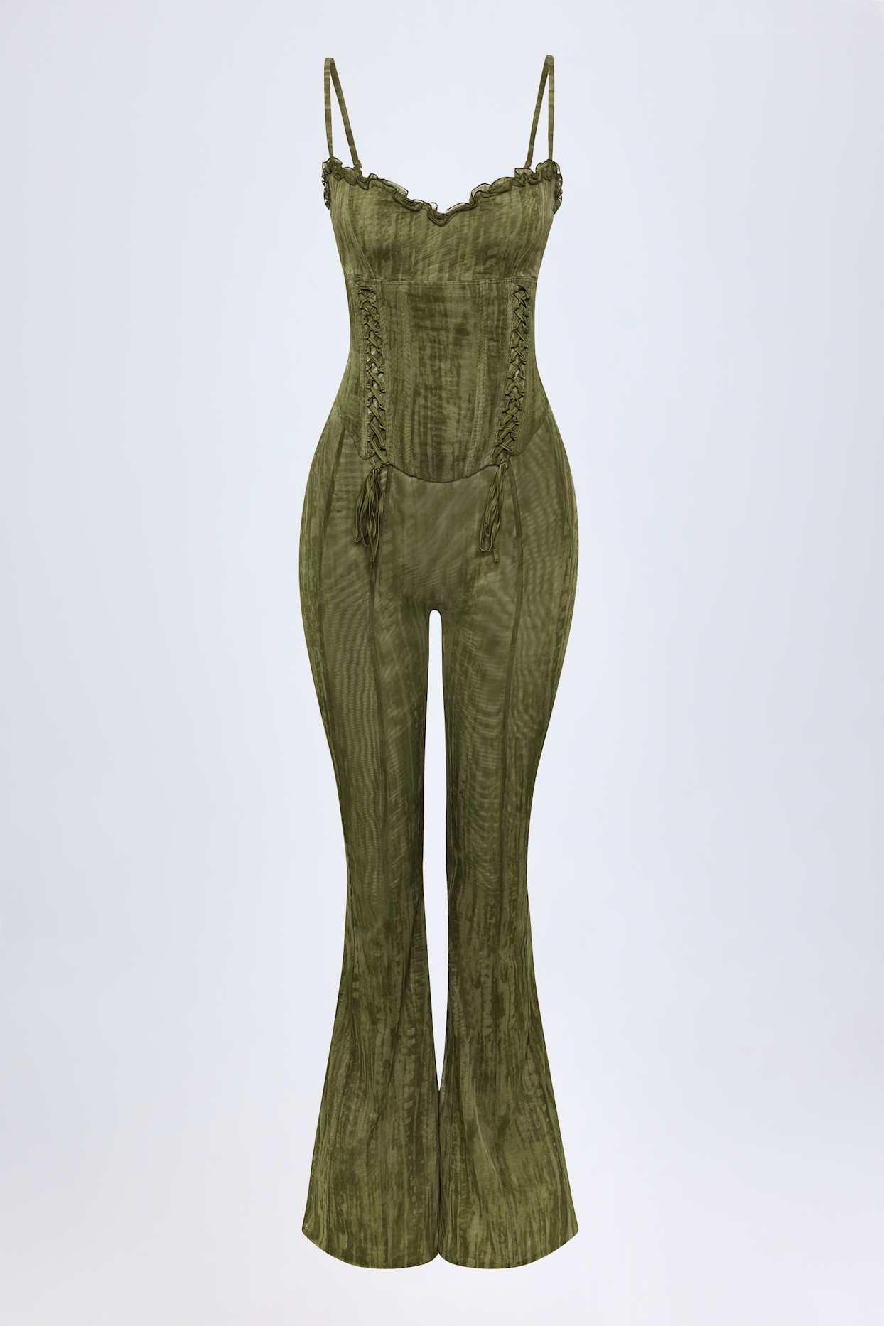 Lace-Up Ruffled Flared Jumpsuit in Green Print Product Image