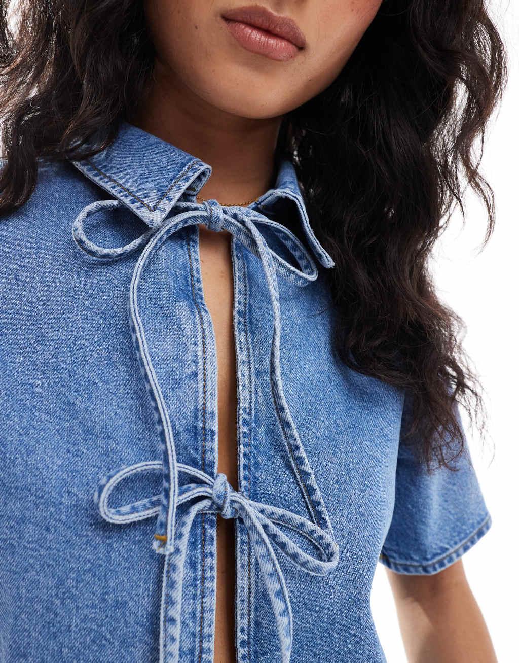 ASOS DESIGN denim tie front short sleeve top in mid blue Product Image