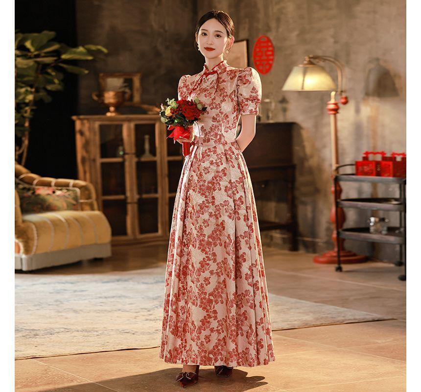 Short-Sleeve Floral Embroidered Bridal Qipao Evening Gown Product Image