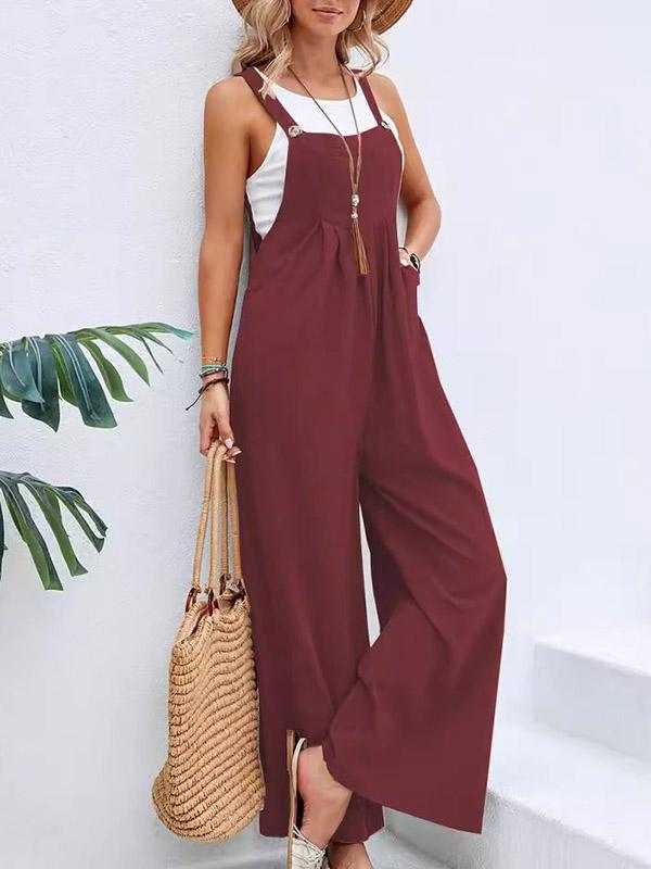 Loose Plus Size Pleated Split-Joint Square-Neck Overalls Product Image