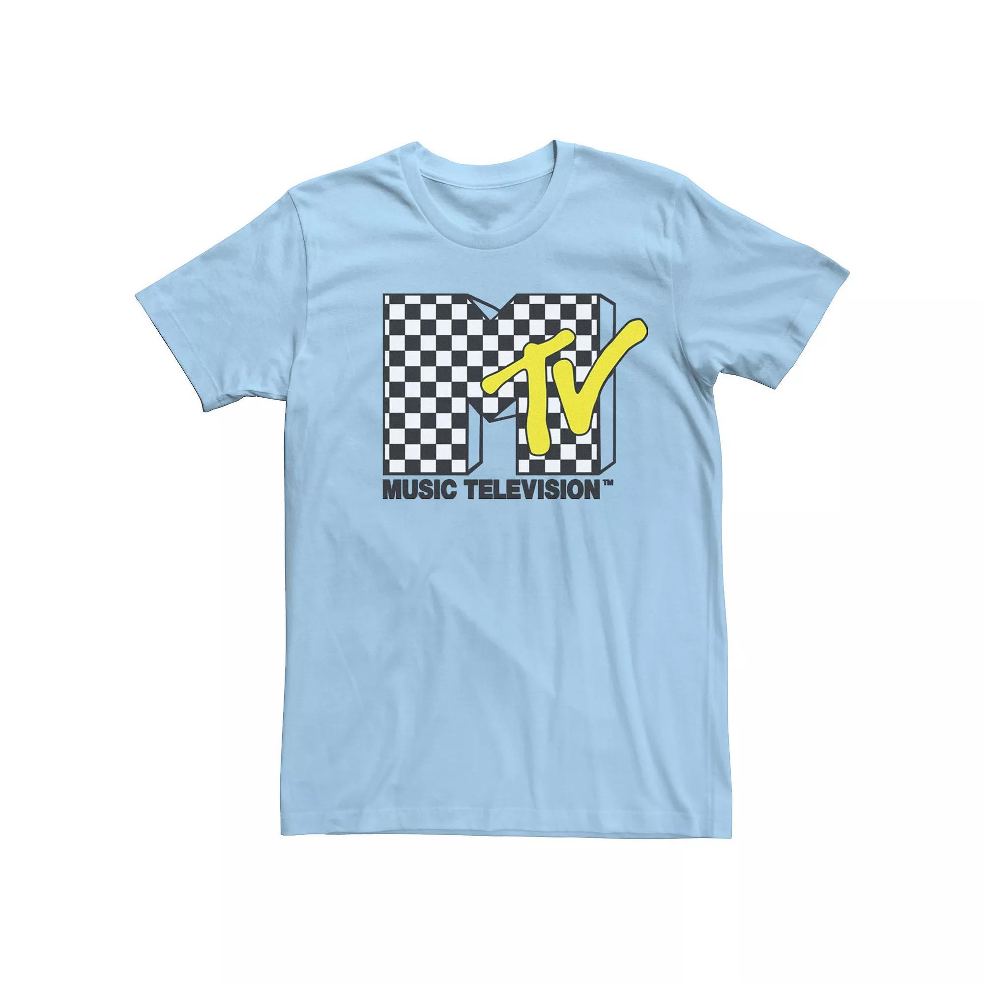 Men's MTV Black And White Checkered Logo Tee, Size: Medium, Light Blue Product Image