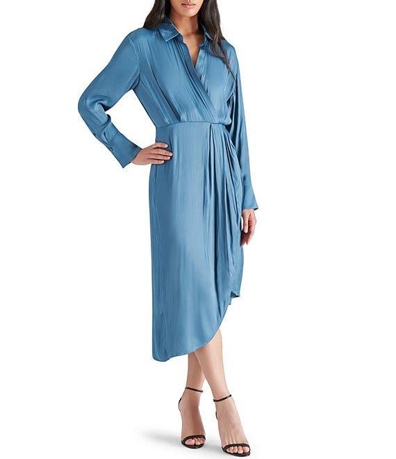 Steve Madden Martina Washed Satin Long Sleeve Collared V Neck Asymmetrical Hem Shirt Dress Product Image