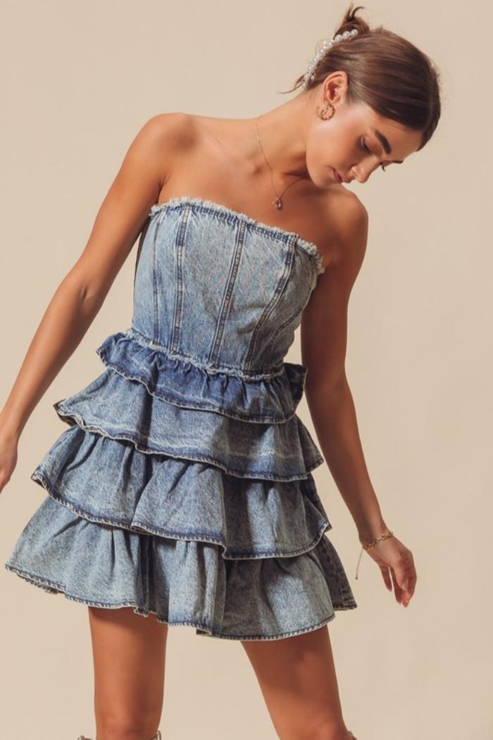 Strapless Ruffle Layered Denim Dress Product Image