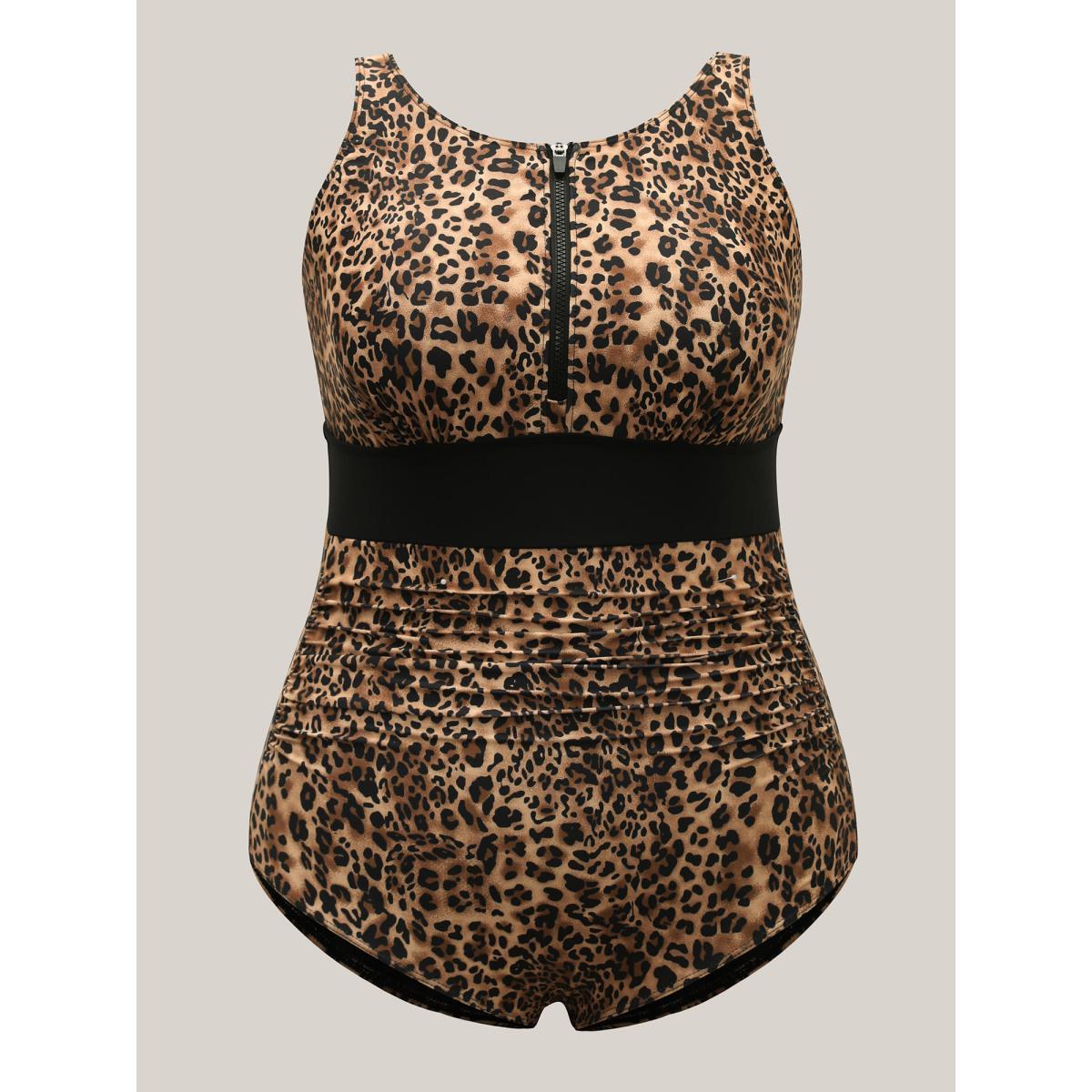 Plus Size Leopard Print Ruched One-Piece Swimsuit Women's Swimwear Leopard Beach Curve Bathing Suits High stretch One Pieces BloomChic 14-16/1X Product Image