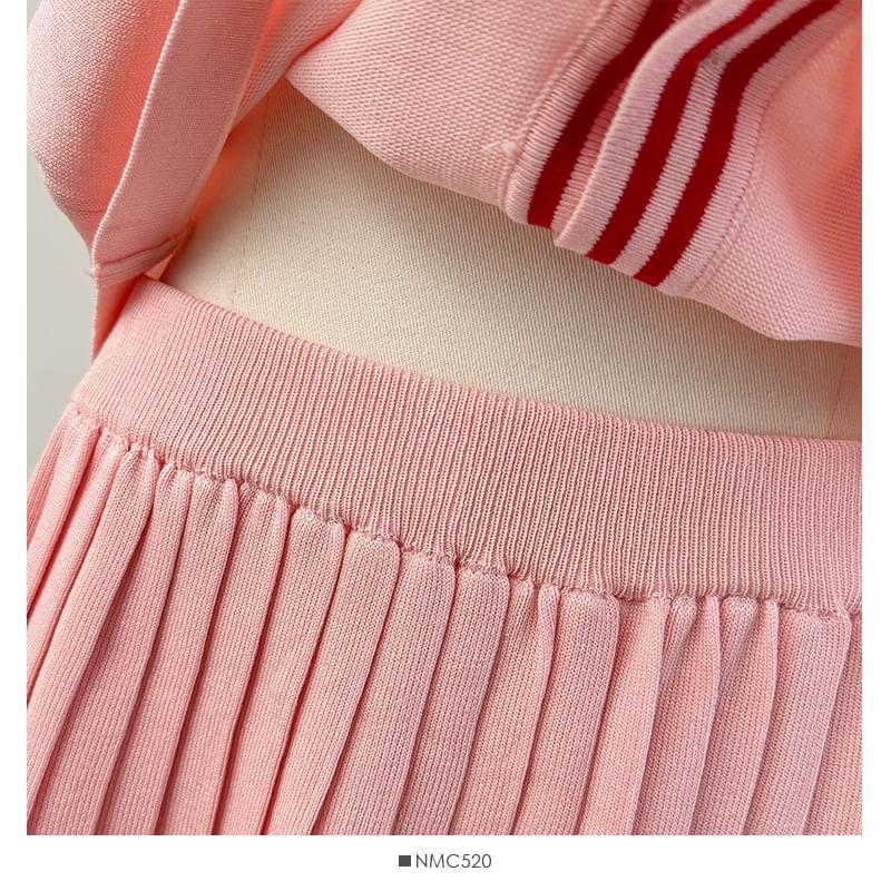 Set: Striped V-Neck Light Cardigan + High-Rise Pleated Mini Skirt Product Image