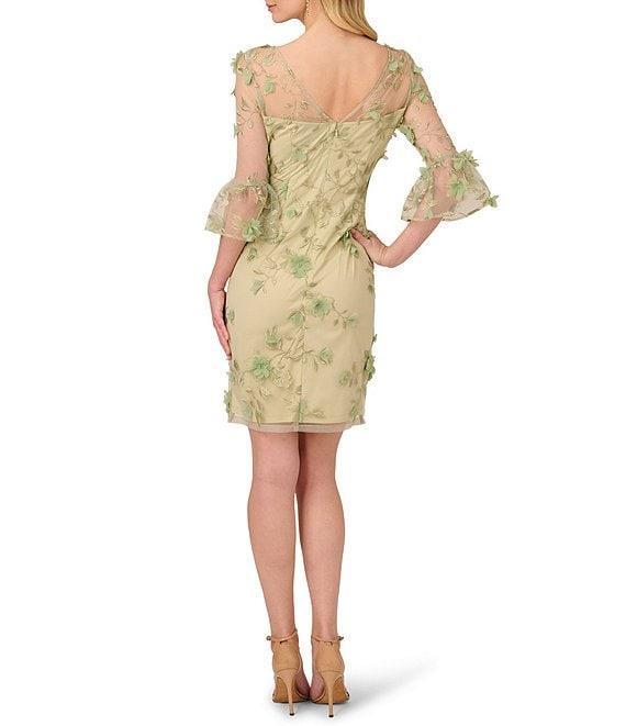 Adrianna Papell Illusion Crew Neck Bell Sleeve Floral Embroidery Sheath Dress Product Image