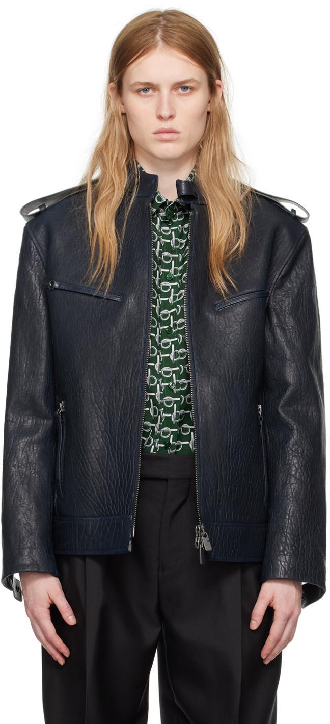 BURBERRY Leather Moto Jacket In Blue Product Image