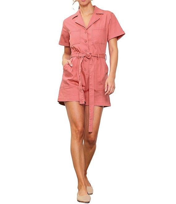 Skies Are Blue Washed Cotton Twill Notch Collar Short Sleeve Button Front Belted Romper Product Image