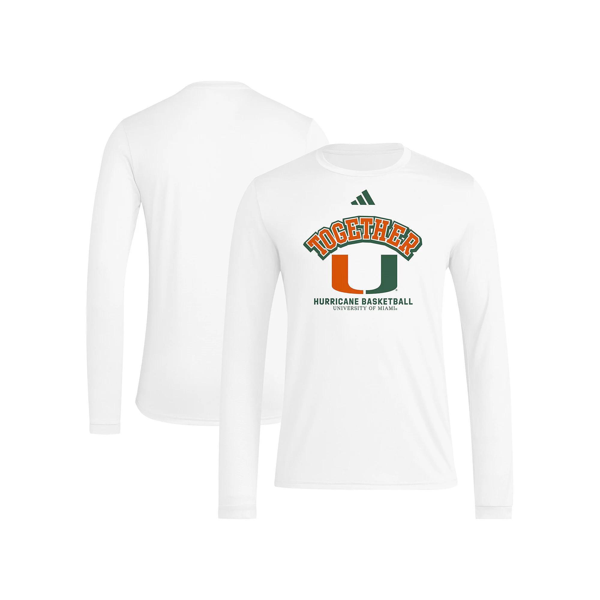 Men's adidas White Miami Hurricanes Together On-Court Pregame Long Sleeve T-Shirt, Size: Large Product Image