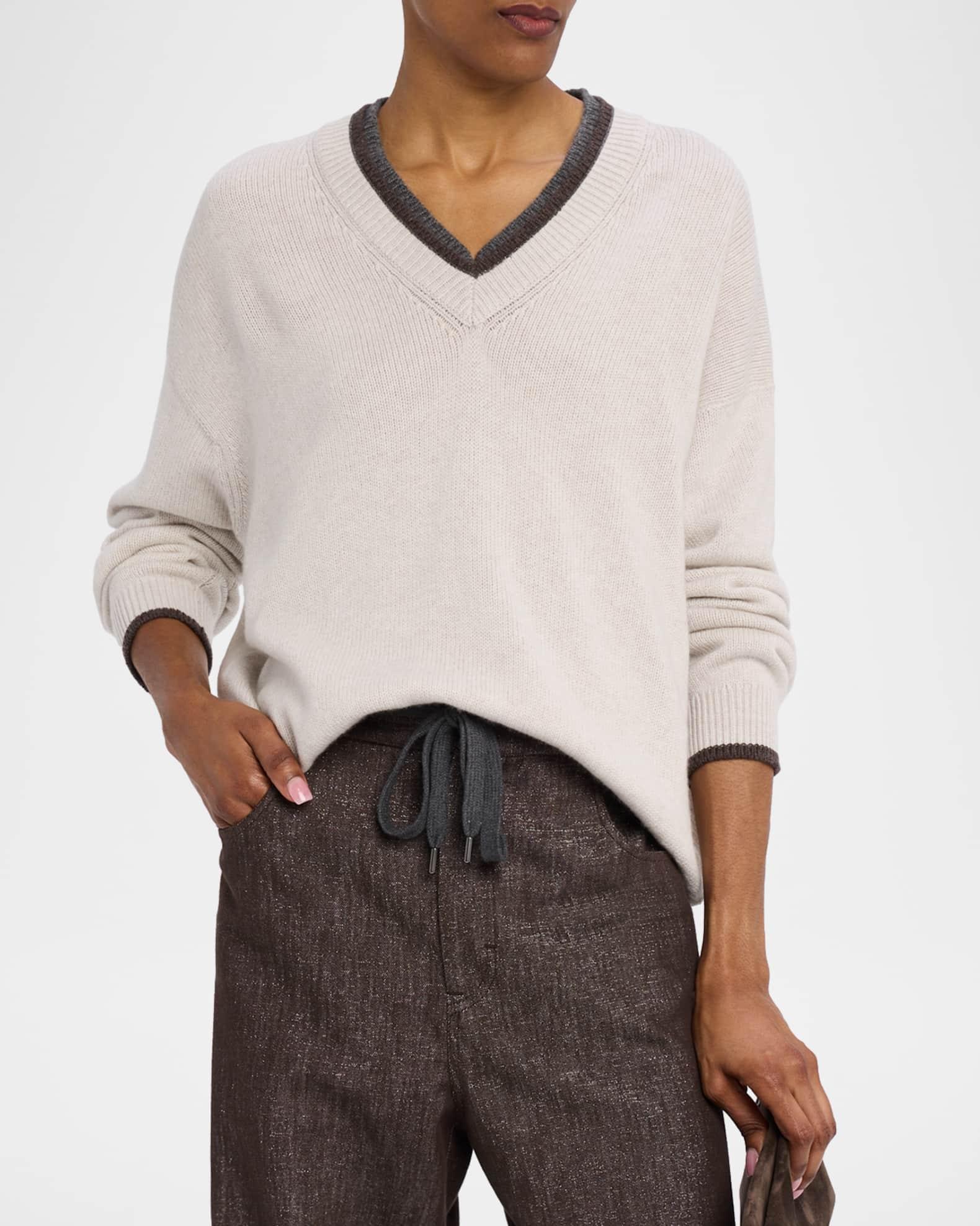 Cashmere Contrast Stripe V-Neck Sweater Product Image