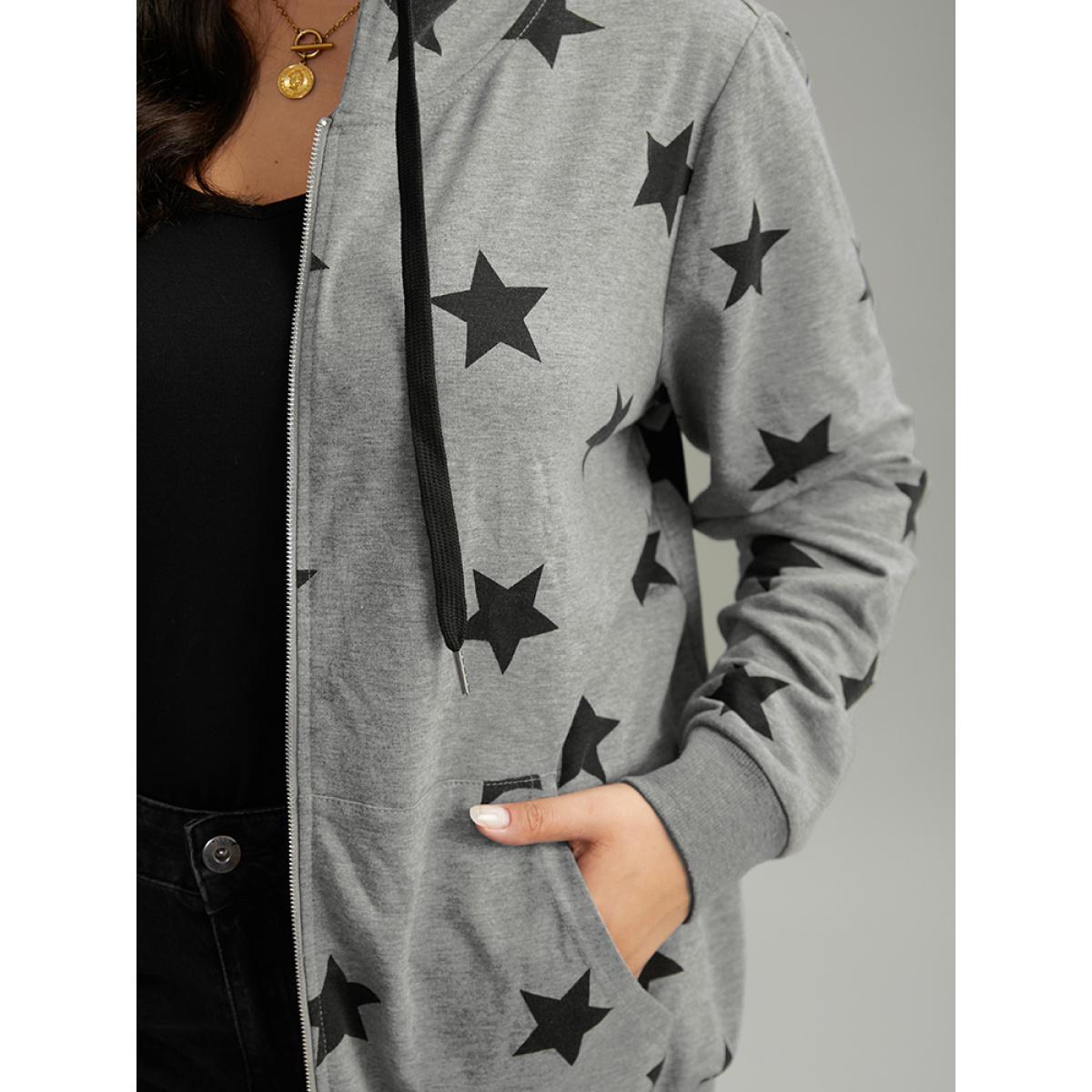 Plus Size Star Print Hooded Ties Pocket Sweatshirt Women Gray Casual Printed Hooded Dailywear Sweatshirts BloomChic 18-20/2X Product Image