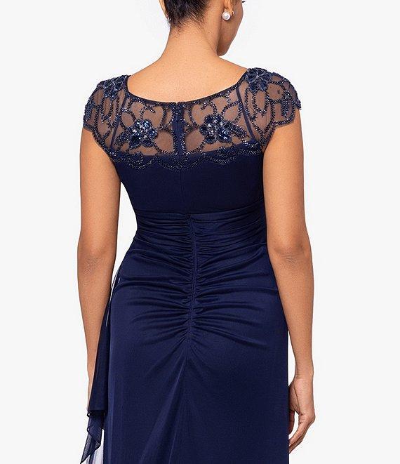 Xscape Beaded Yoke Cap Sleeve Illusion Round Neck Ruched Cascade Ruffle Side Gown Product Image