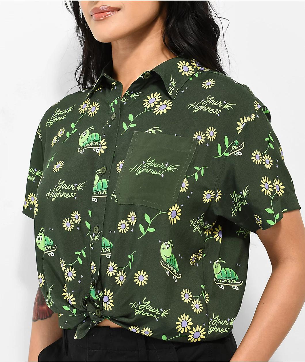 Your Highness Caterpillar Green Crop Button Up Shirt Product Image