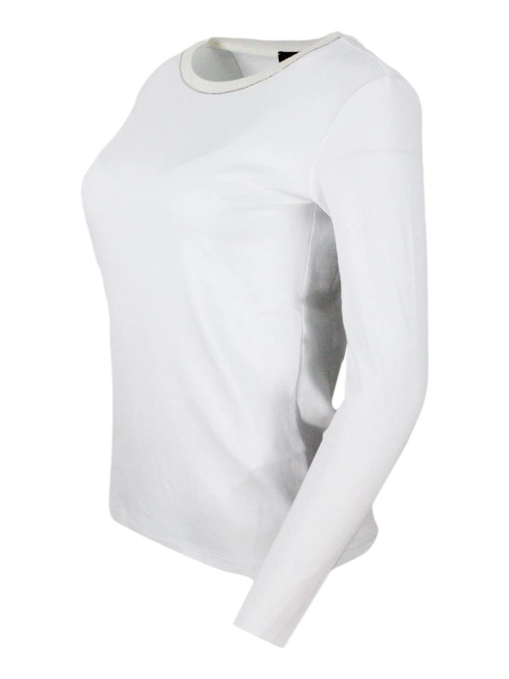 FABIANA FILIPPI Long-sleeved Crew-neck T-shirt In Ribbed Cotton Jersey With Knit Collar And Embellished With A Shiny In White Product Image