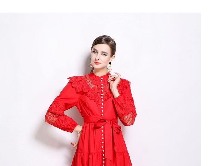 Long Sleeve Band Collar Plain Ruffle Faux Pearl Button Tie-Waist Panel Lace Midi A-Line Dress Product Image