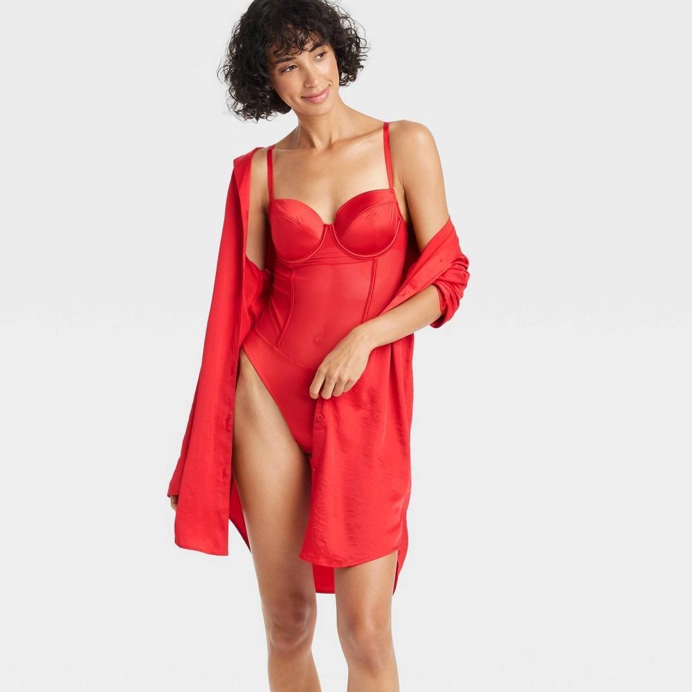 Womens Satin and Mesh Lightly Lined Lingerie Bodysuit - Auden Red M Product Image