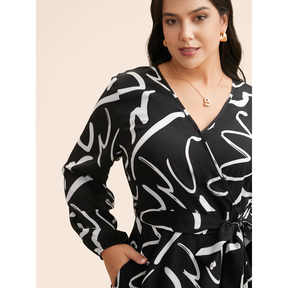 Plus Size Geometric Overlap Collar Midi Dress BlackFlower Women At the Office Belted Overlap Collar Long Sleeve Curvy BloomChic 14-16/1X Product Image